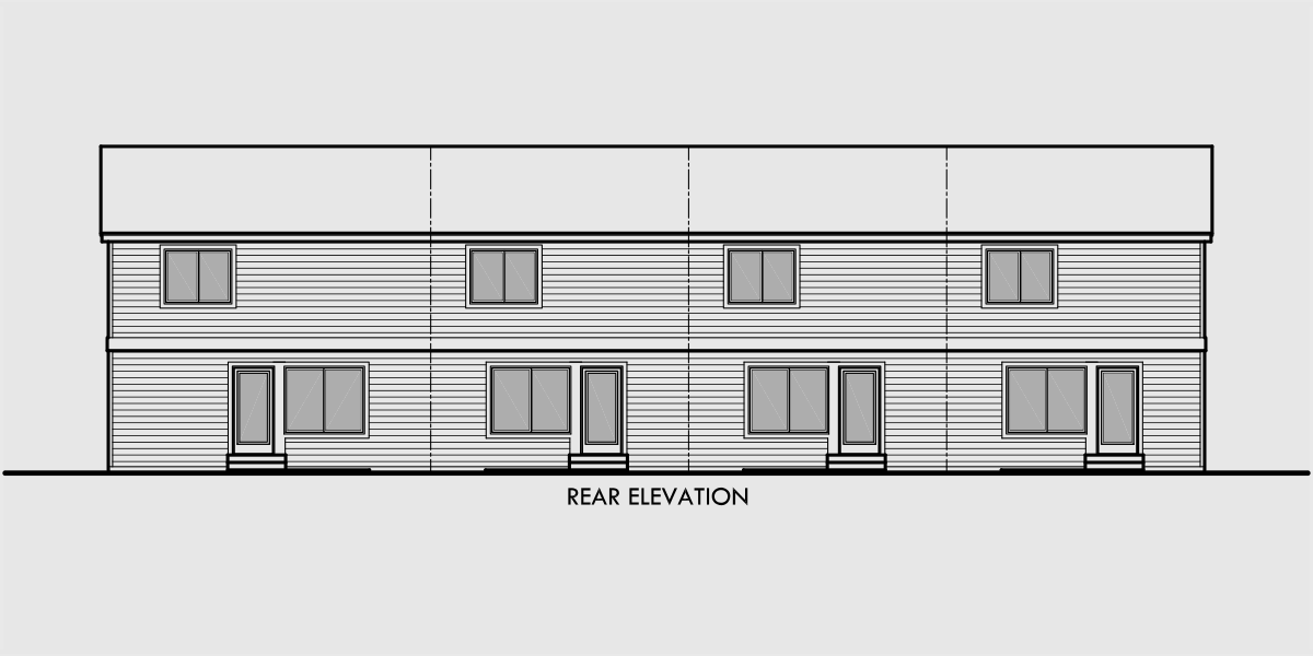 House rear elevation view for F-537 4 plex plans, fourplex with owners unit, quadplex plans with garage, 3 bedroom 4 plex house plans, F-537