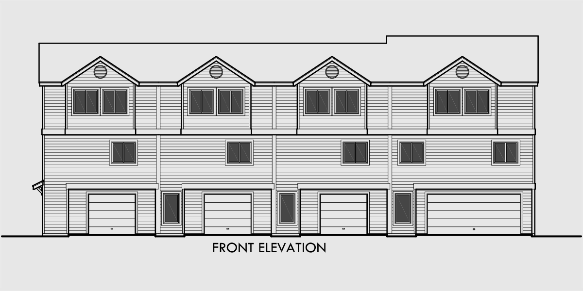 House front color elevation view for F-551 4 plex plans, fourplex with owners unit, quadplex plans with garage, 3 bedroom 4 plex house plans, F-551
