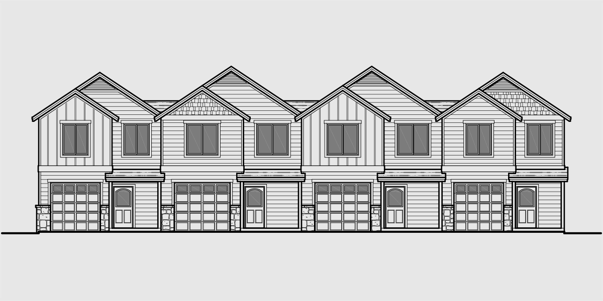 House front color elevation view for F-550 Fourplex plans, 4 plex plans, 3 bedroom 4 plex plans, townhouse plans, F-550