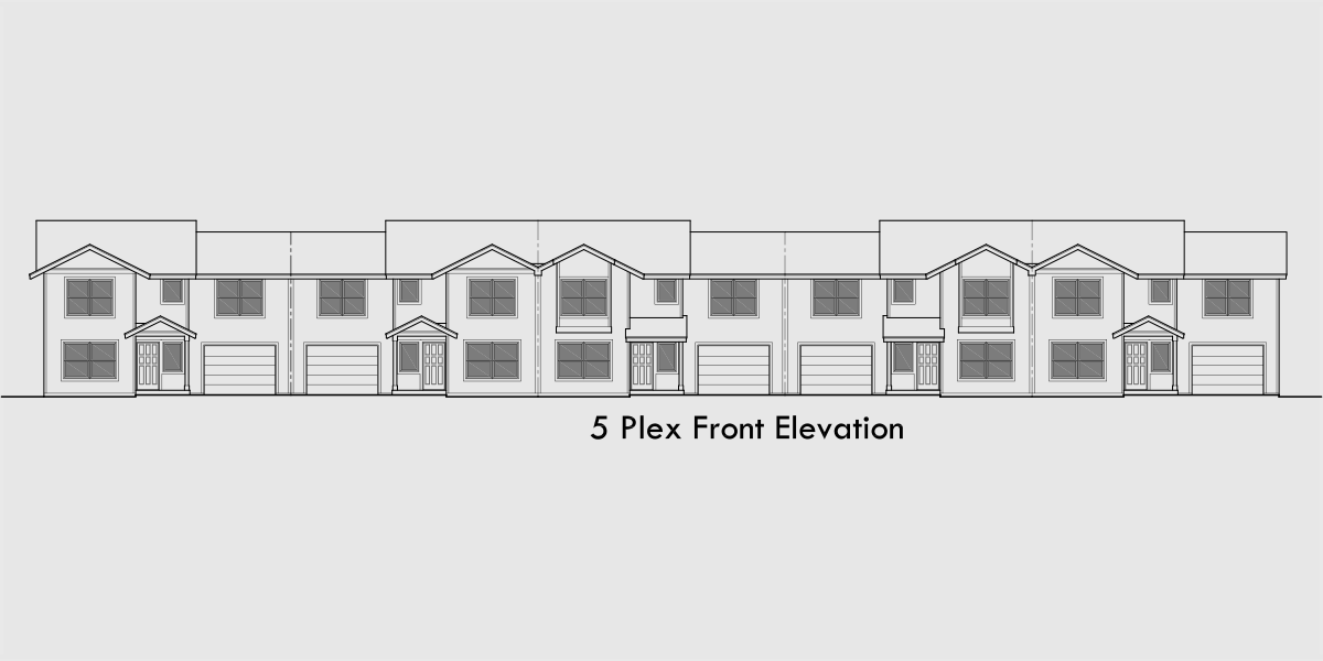 House front drawing elevation view for FV-567 Five plex, 5 unit row house, 5 unit townhouse, 3 bedroom multifamily, multifamily with garages, FV-567