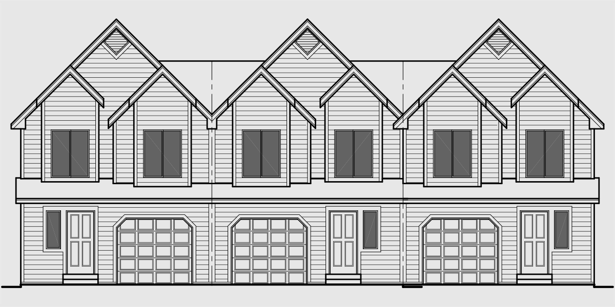 House front color elevation view for T-414 Triplex house plans, townhouse with garage, 3 unit townhouse plans, row house plans, T-414