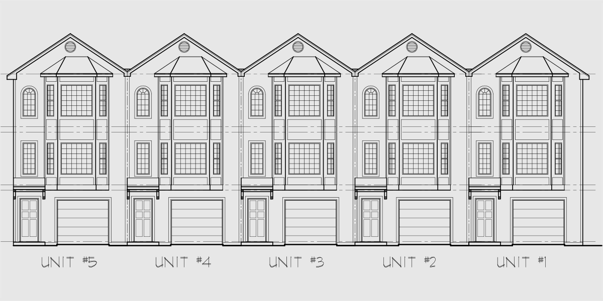 House front drawing elevation view for FV-568 5 unit house plans, 5 unit townhouse plans, 2 bedroom 5 plex plans, fiveplex with garage, FV-568