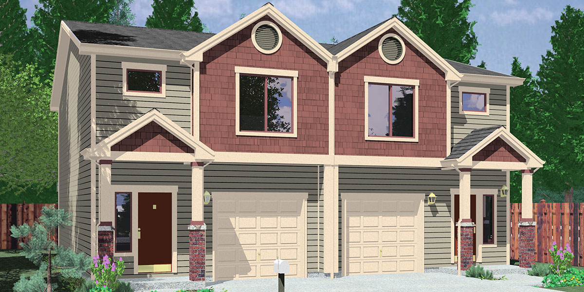 D-599 Duplex house plans, 2 story duplex plans, 3 bedroom duplex plans, 40x44 ft duplex plan, duplex plans with garage in the middle, D-599