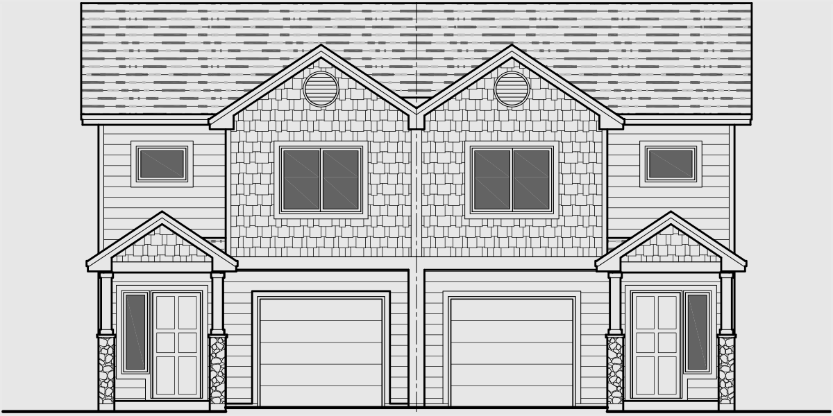 House front drawing elevation view for D-599 Duplex house plans, 2 story duplex plans, 3 bedroom duplex plans, 40x44 ft duplex plan, duplex plans with garage in the middle, D-599