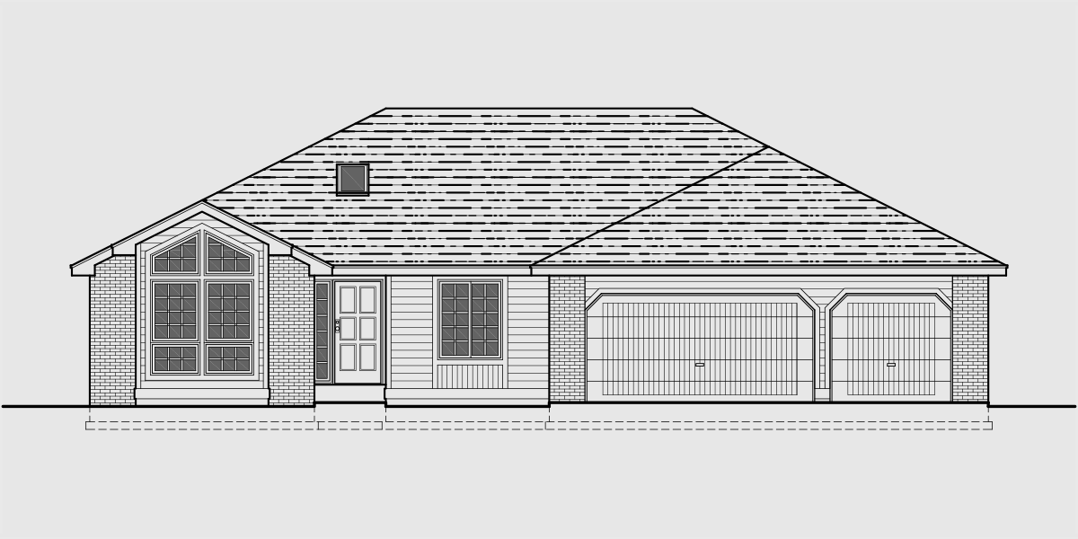 House front drawing elevation view for 10170 Sprawling Ranch house plans, house plans with basement, house plans with 3 car garage, house plans with game room, house plans with two master suites,10170