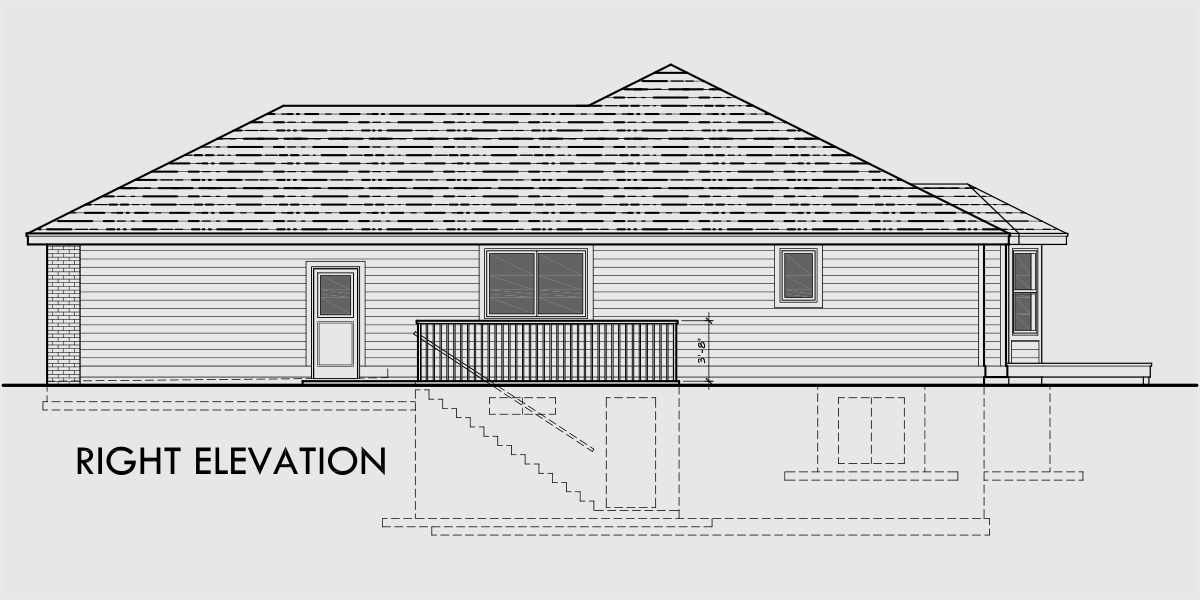 House rear elevation view for 10170 Sprawling Ranch house plans, house plans with basement, house plans with 3 car garage, house plans with game room, house plans with two master suites,10170