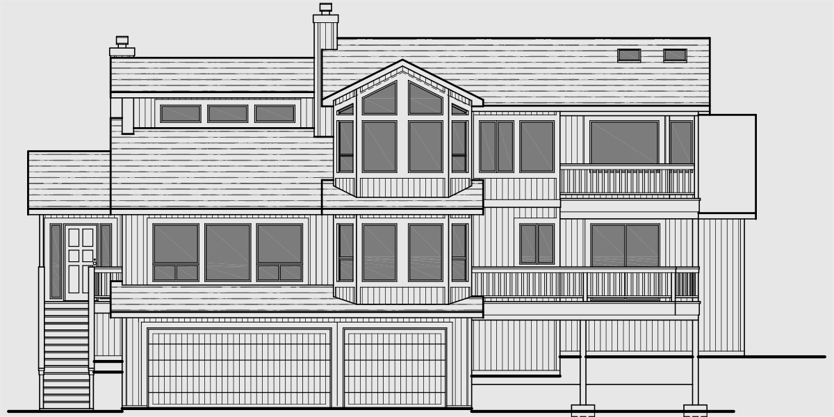 House front drawing elevation view for 10165 Sloping lot house plans, daylight basement house plans, luxury house plans, view lot house plans, 10165