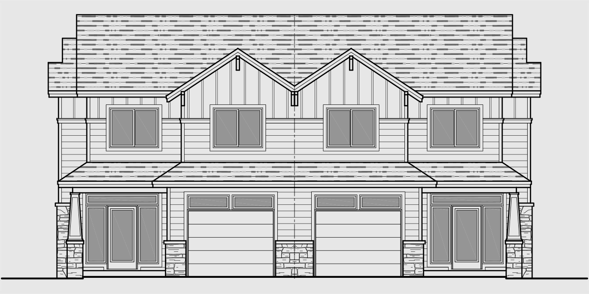 House front drawing elevation view for D-600 Craftsman duplex house plans, luxury duplex house plans, Hillsboro Oregon, house plans with loft, D-600