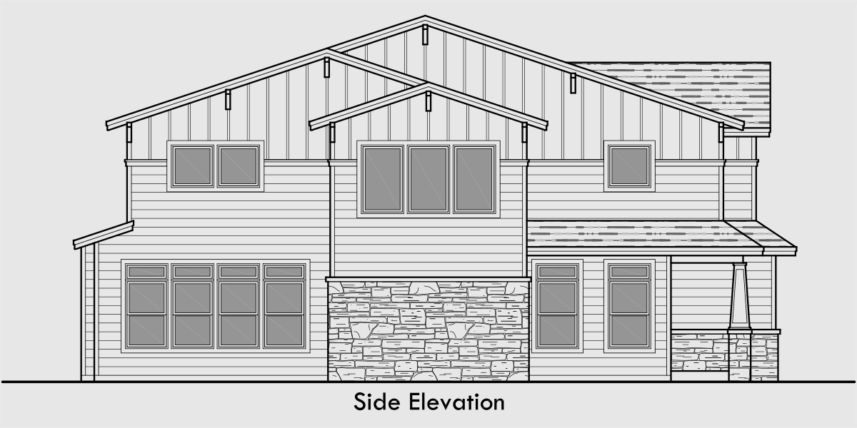 House side elevation view for D-600 Craftsman duplex house plans, luxury duplex house plans, Hillsboro Oregon, house plans with loft, D-600