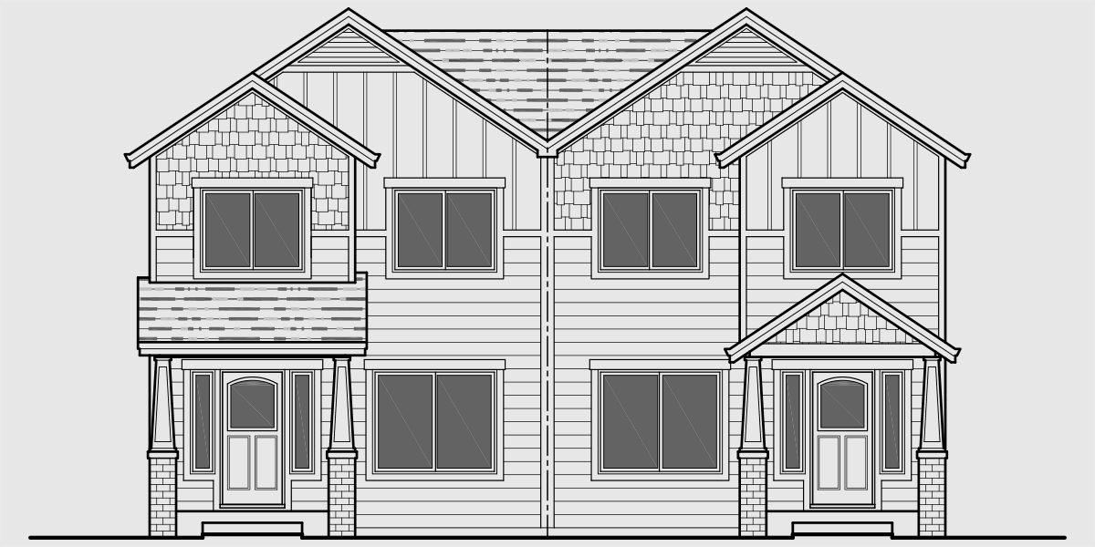 House front drawing elevation view for D-601 Craftsman duplex house plans, house plans with rear garages, 3 bedroom duplex house plans, narrow townhouse plans, D-601