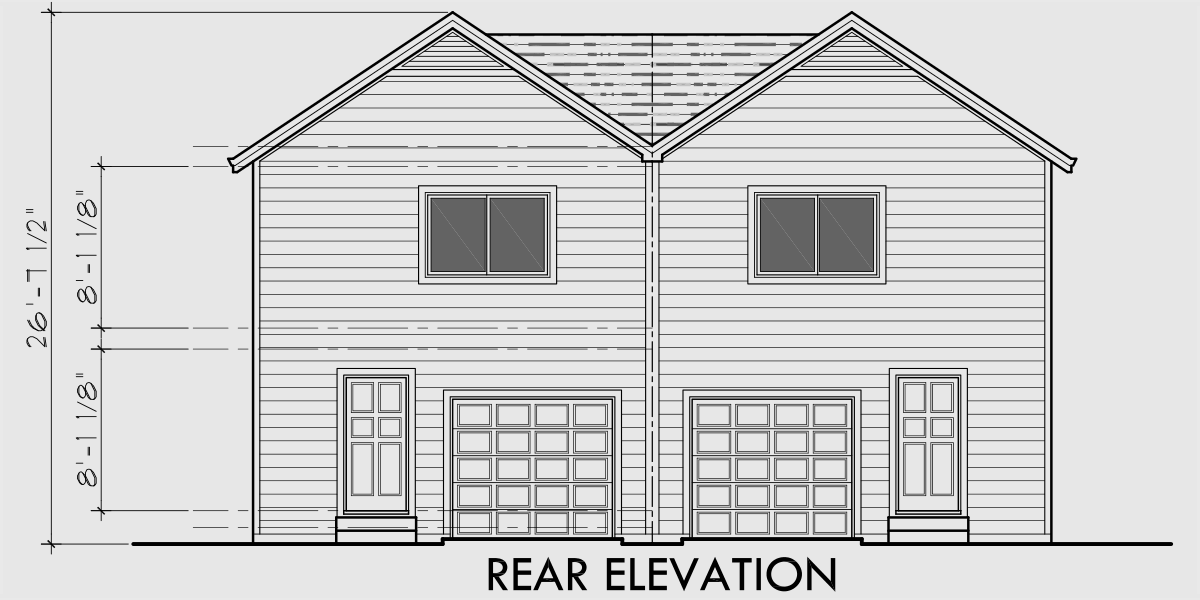House rear elevation view for D-601 Craftsman duplex house plans, house plans with rear garages, 3 bedroom duplex house plans, narrow townhouse plans, D-601