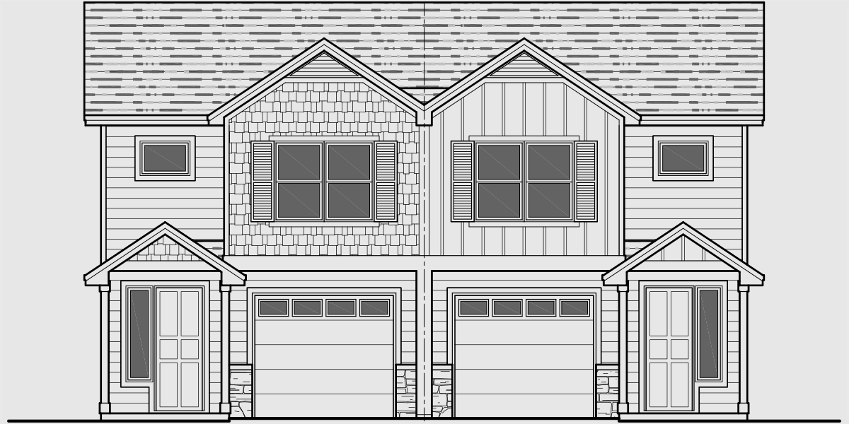 House front drawing elevation view for D-602 craftsman duplex house plans, townhouse plans, row house plans, d-602