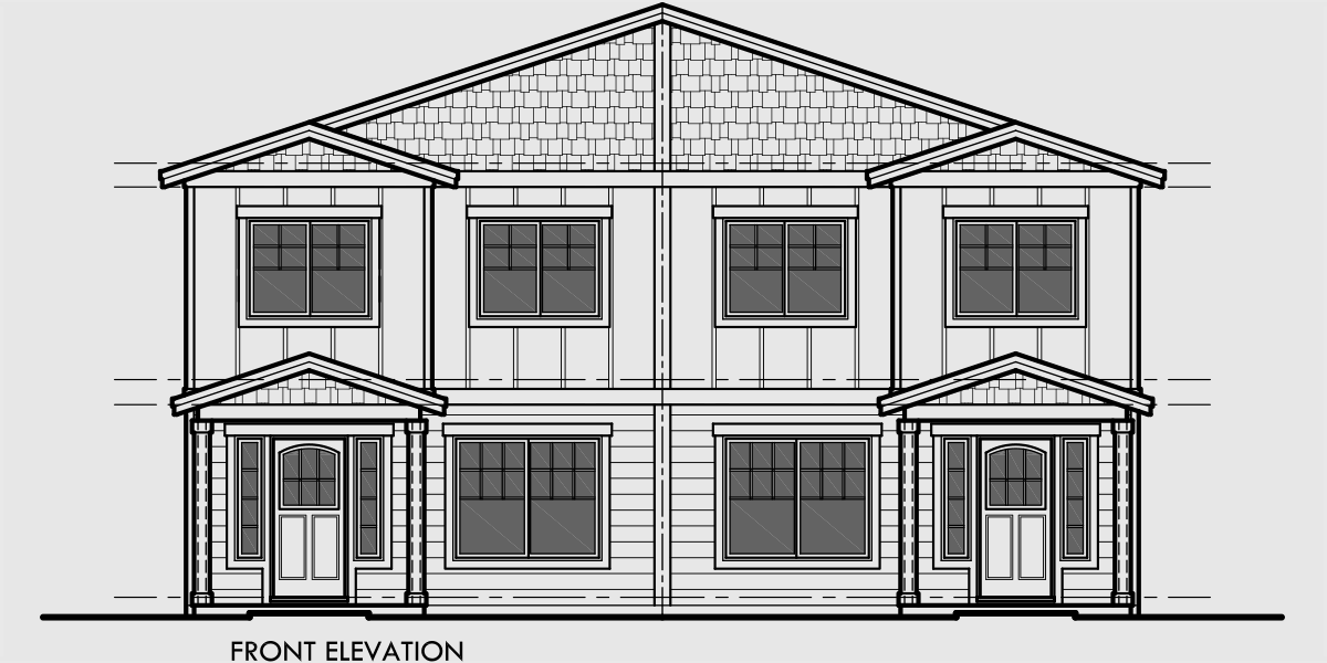 House front drawing elevation view for D-608 Duplex house plan with rear garage, narrow lot townhouse plan, duplex house plans with open floor plan