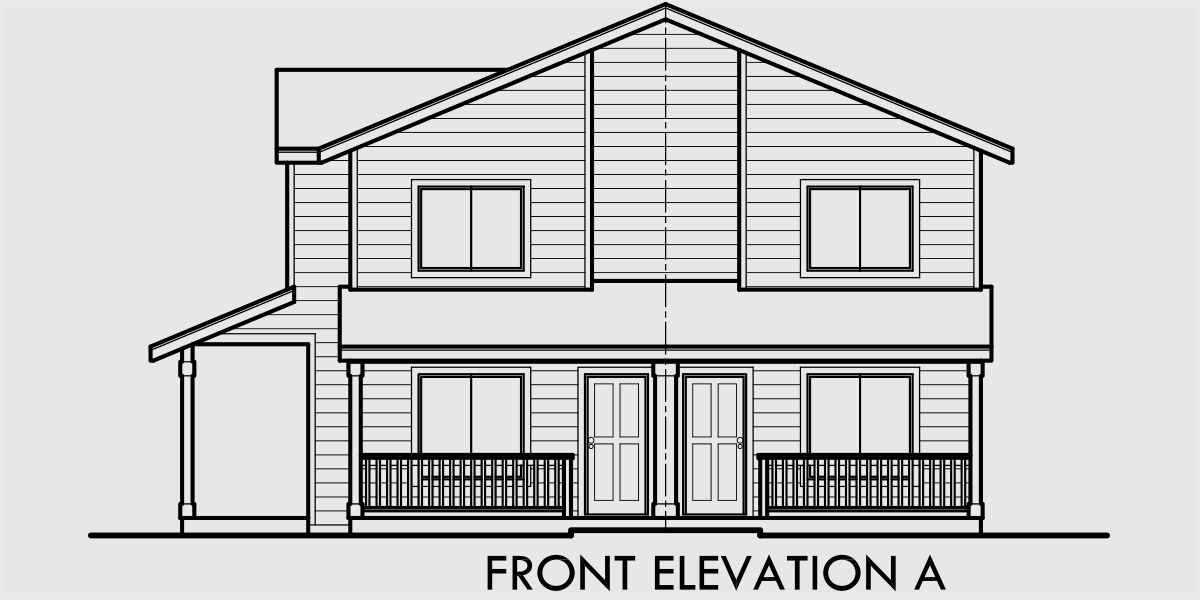 House front color elevation view for T-416 Triplex house plans, 2 bedroom 1.5 bath house plans, T-416