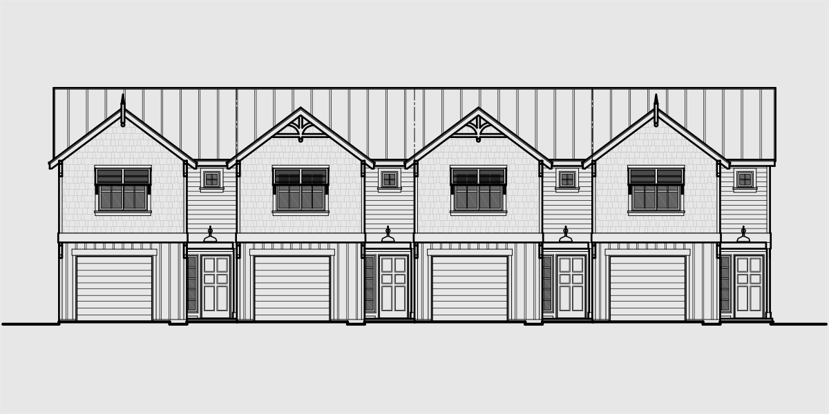 House front drawing elevation view for F-576 Florida vernacular architectural style, row house plan with pastel colors, Bahama shutters F-576