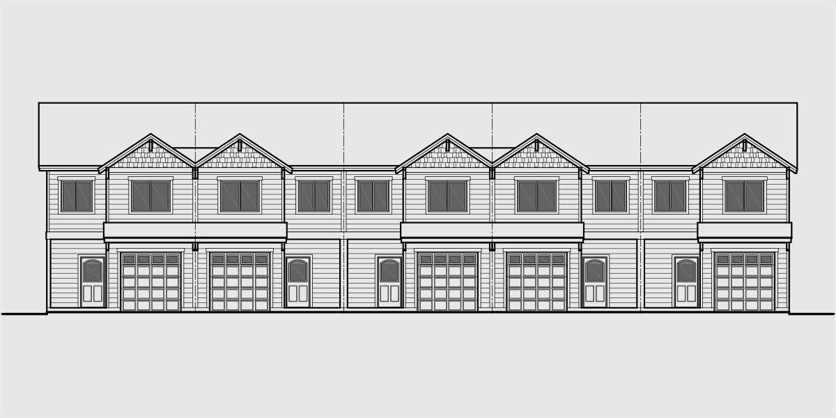 House front color elevation view for FV-575 5 plex narrow townhouse, 20 ft wide row house plans FV-575