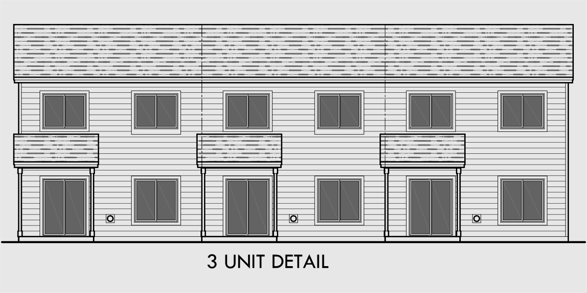 House rear elevation view for S-732 6 plex, Brownstone, Craftsman Townhouse, S-732