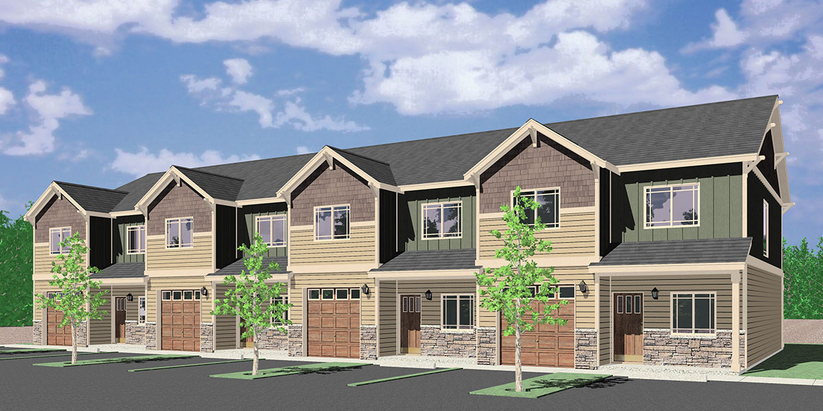 House front color elevation view for F-578 Main floor Bedroom Option, four plex, townhouse, four bedroom, plan F-578