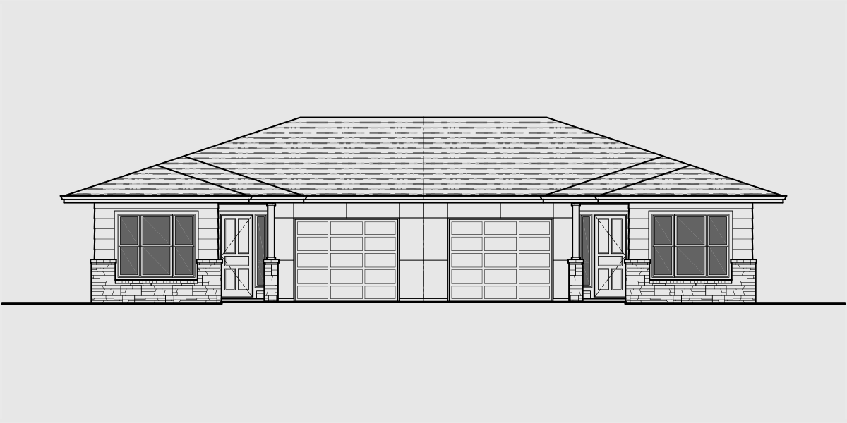 House front drawing elevation view for D-623 Modern Prairie Style, Ranch Duplex House Plan