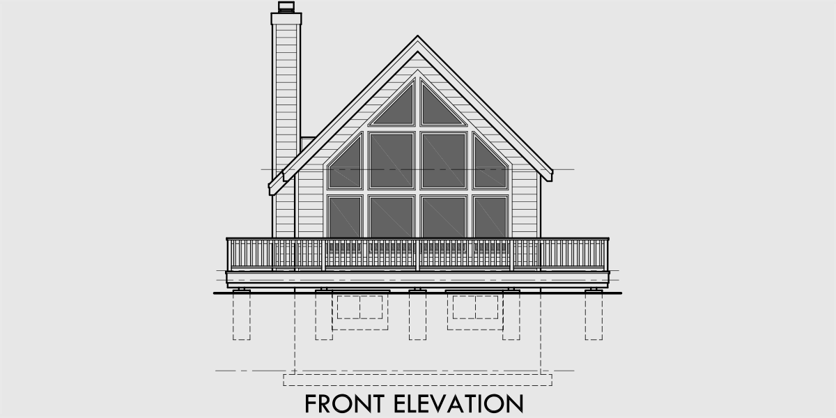 House front drawing elevation view for 10194 A-Frame, house plans with basement, wrap around deck