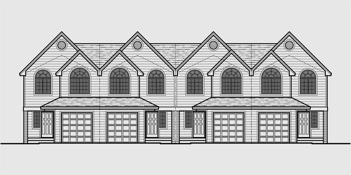 House front drawing elevation view for F-589 Row house style four plex house plan, 3 bedroom, 2.5 bathroom, 1 car garage