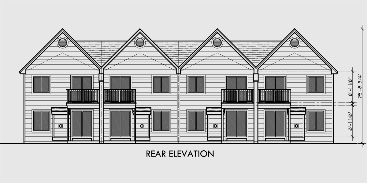 House side elevation view for F-589 Row house style four plex house plan, 3 bedroom, 2.5 bathroom, 1 car garage