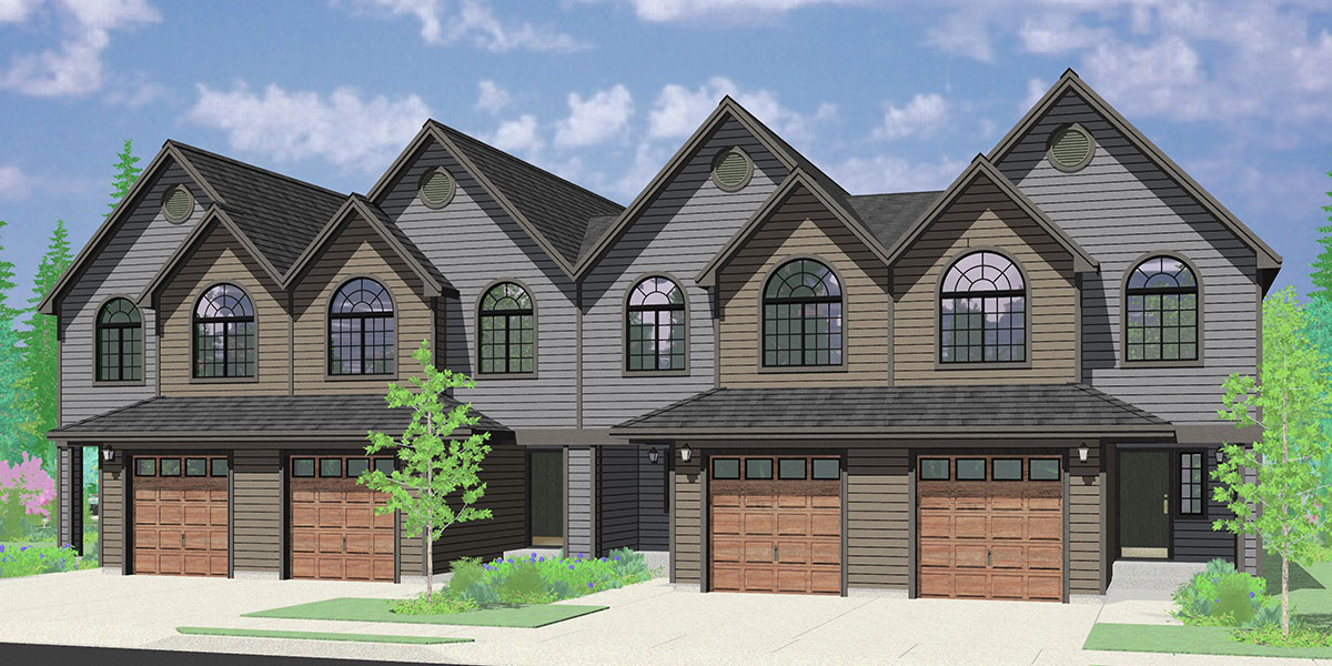 House front color elevation view for F-589 Row house style four plex house plan, 3 bedroom, 2.5 bathroom, 1 car garage