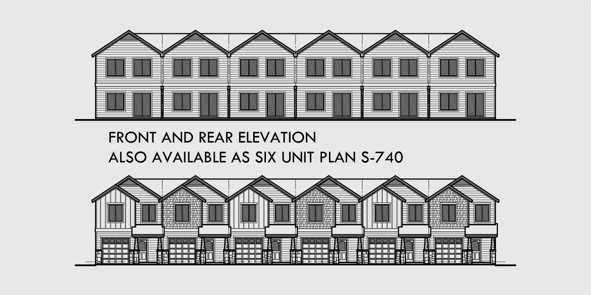 House rear elevation view for T-425 Triplex house plan