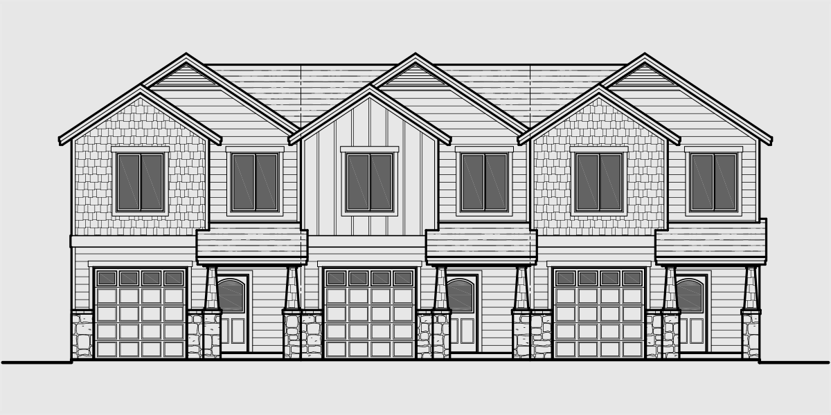 House front color elevation view for T-425 Triplex house plan