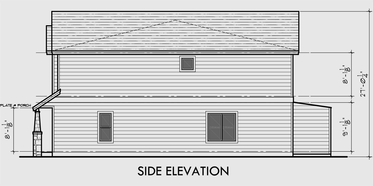 House side elevation view for T-425 Triplex house plan