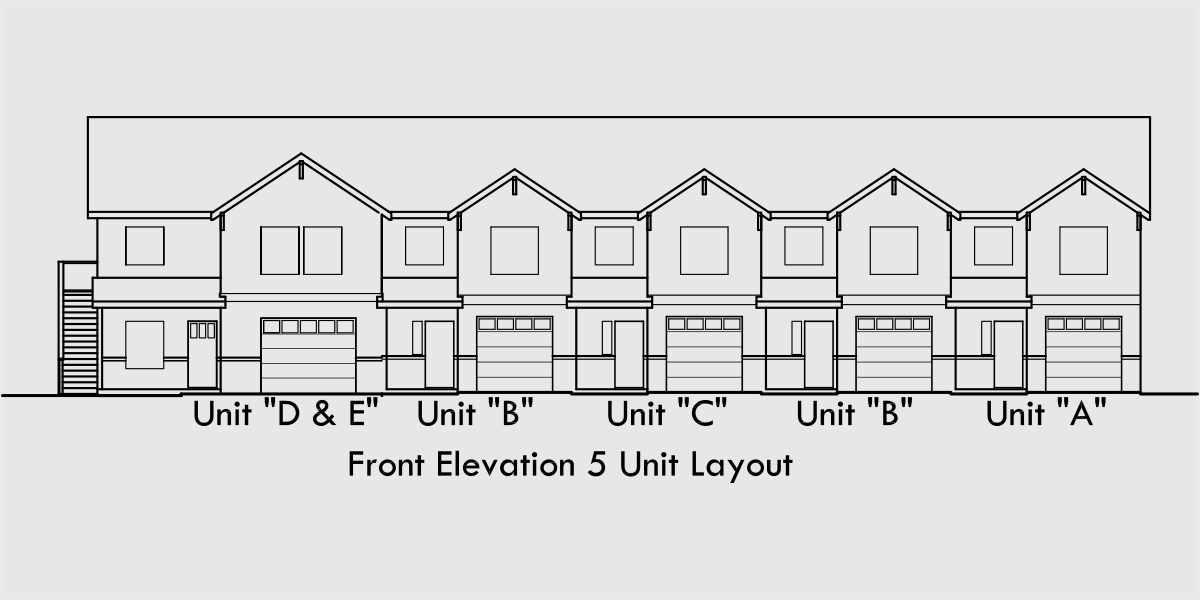 House rear elevation view for FV-580 Five plex town house plan, with ADA accessible, FV-580