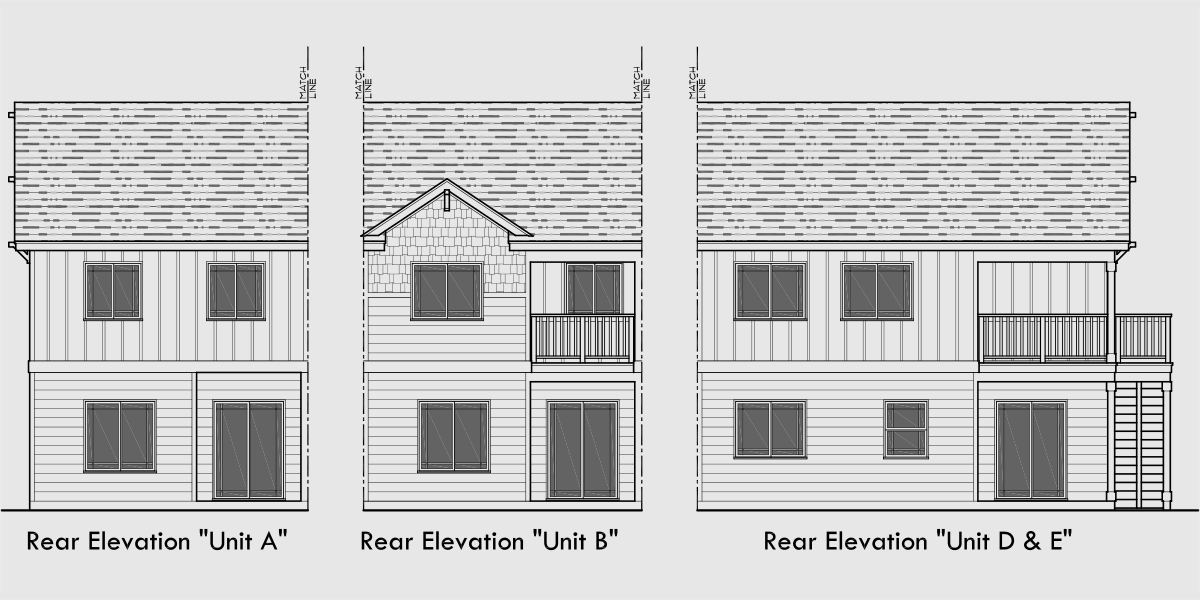 House front drawing elevation view for FV-580 Five plex town house plan, with ADA accessible, FV-580
