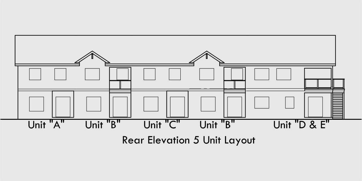 House rear elevation view for FV-580 Five plex town house plan, with ADA accessible, FV-580
