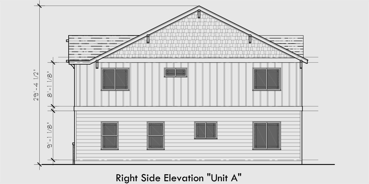 House side elevation view for FV-580 Five plex town house plan, with ADA accessible, FV-580