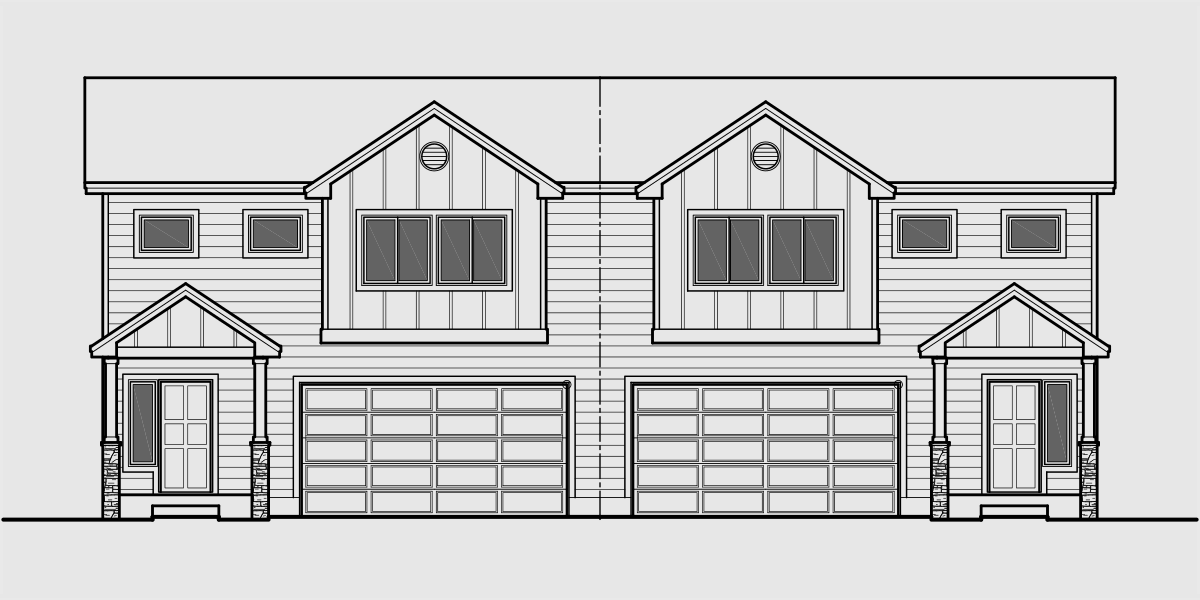 House front drawing elevation view for D-638 Duplex house plan with two car garage D-638