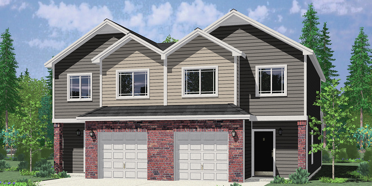 House front color elevation view for D-626 Duplex house plan with brick veneer at garage D-626