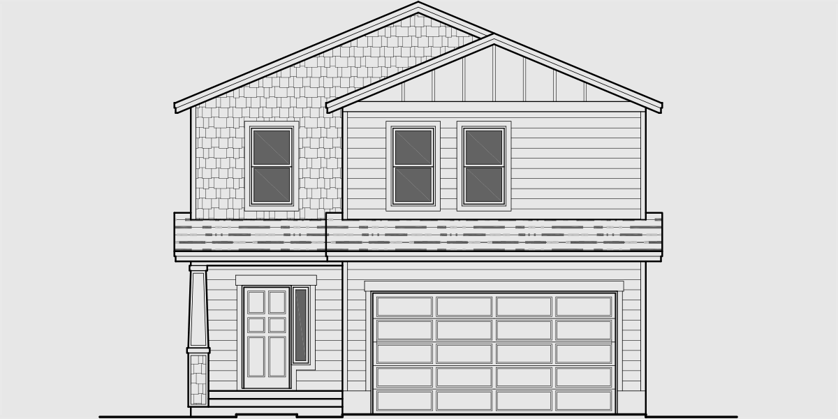 House rear elevation view for 10193 Narrow 5 bedroom house plan with two car garage and basement 10193