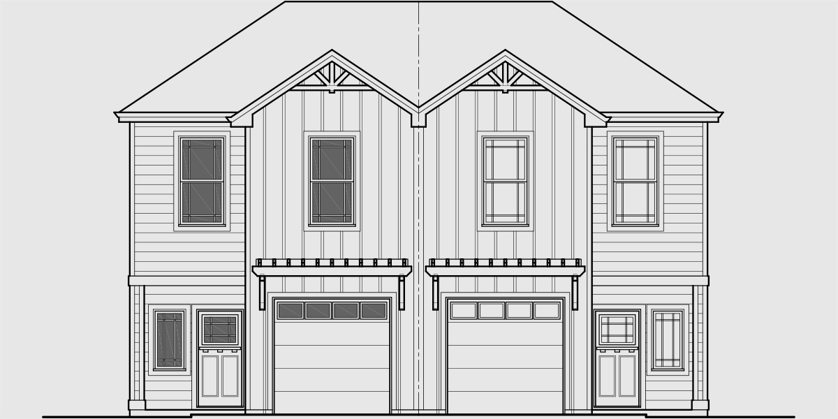 House front drawing elevation view for D-640 3 Bedroom Duplex House Plan for Warmer Climates with 2x4 exterior walls & slab foundation