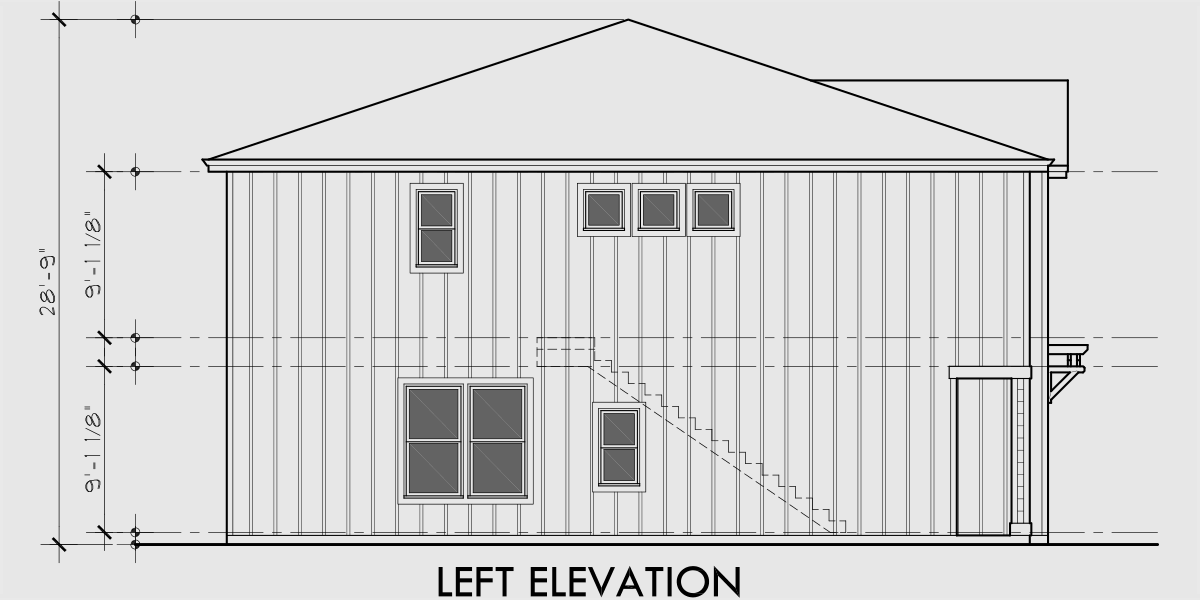 House rear elevation view for D-640 3 Bedroom Duplex House Plan for Warmer Climates with 2x4 exterior walls & slab foundation