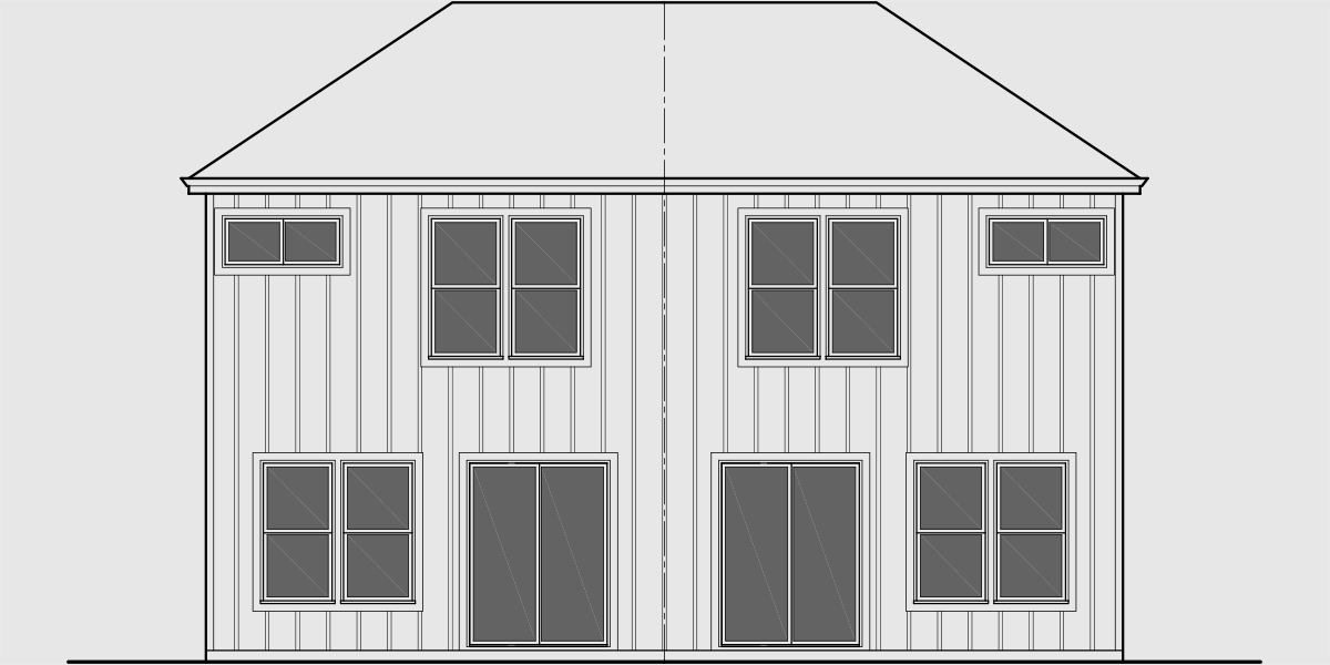 House side elevation view for D-640 3 Bedroom Duplex House Plan for Warmer Climates with 2x4 exterior walls & slab foundation