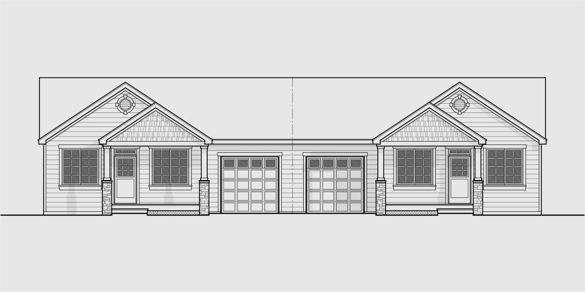 House front drawing elevation view for D-628 Ranch Duplex House Plan With Basement