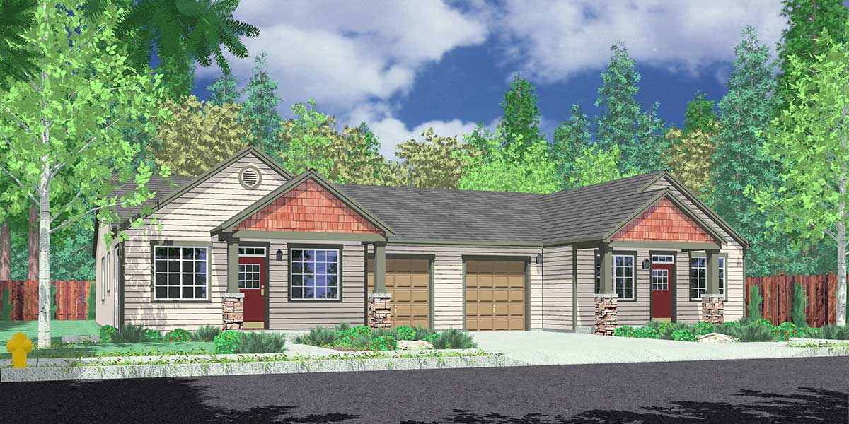 House front color elevation view for D-628 Ranch Duplex House Plan With Basement