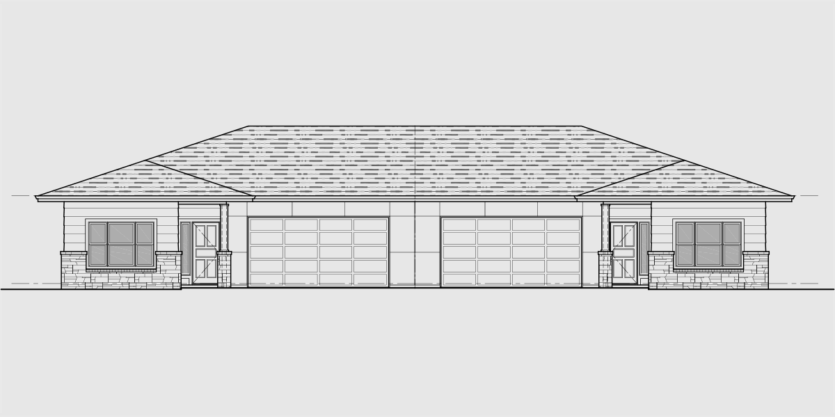 House front drawing elevation view for D-641 One Story Duplex House Plan With Two Car Garage