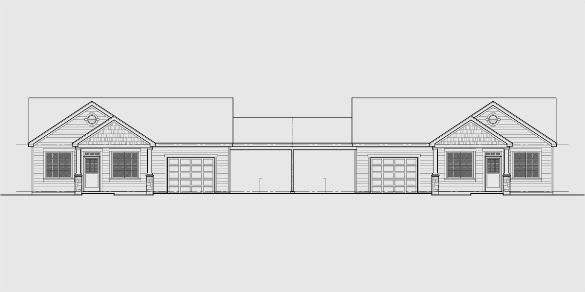 House front drawing elevation view for D-645 One story duplex house plan with 3 bedrooms and carport D-645
