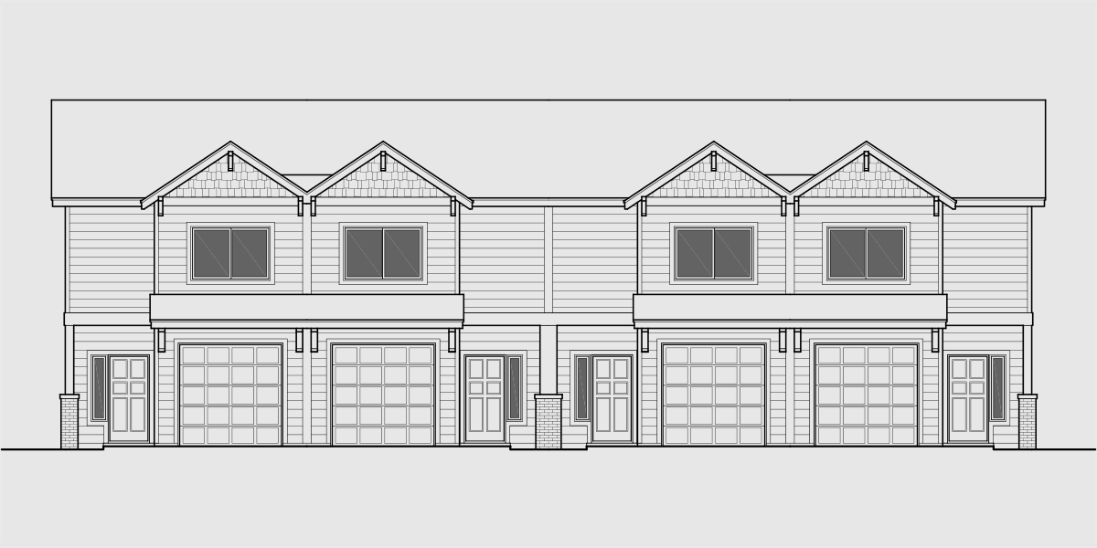 House front drawing elevation view for F-599 Four plex house plan, 2 bedroom 2.5 bath, garage, F-599