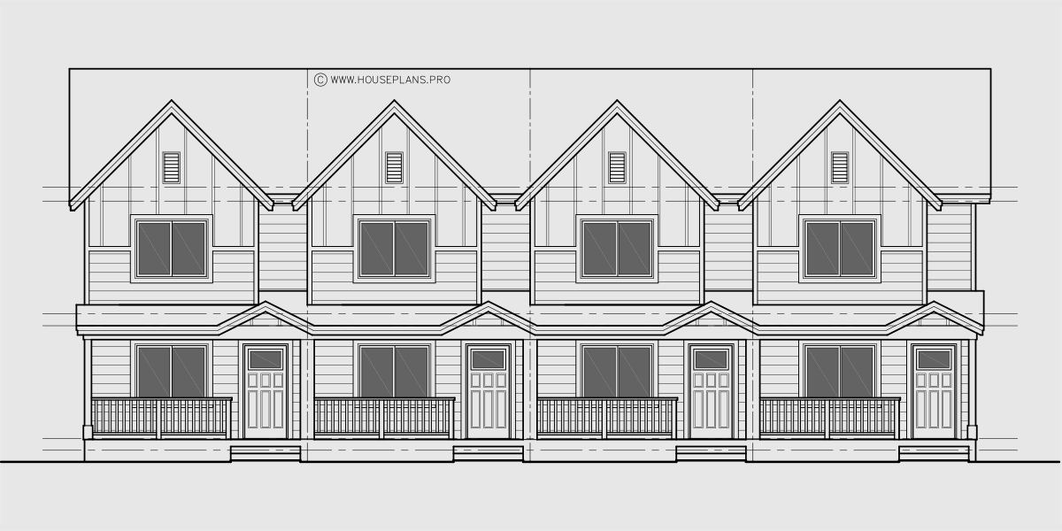 House front drawing elevation view for F-595 Narrow Fourplex House Plan