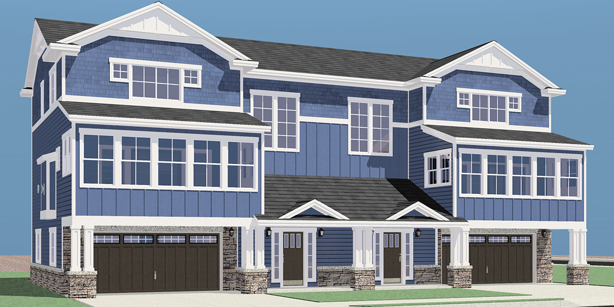 House front color elevation view for D-657 Large Duplex Beach House Plan 