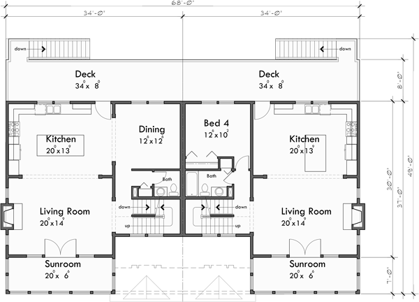 Main Floor Plan for D-657 Large Duplex Beach House Plan 