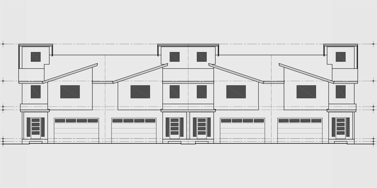 House front drawing elevation view for F-609 Modern 4 unit town house plan