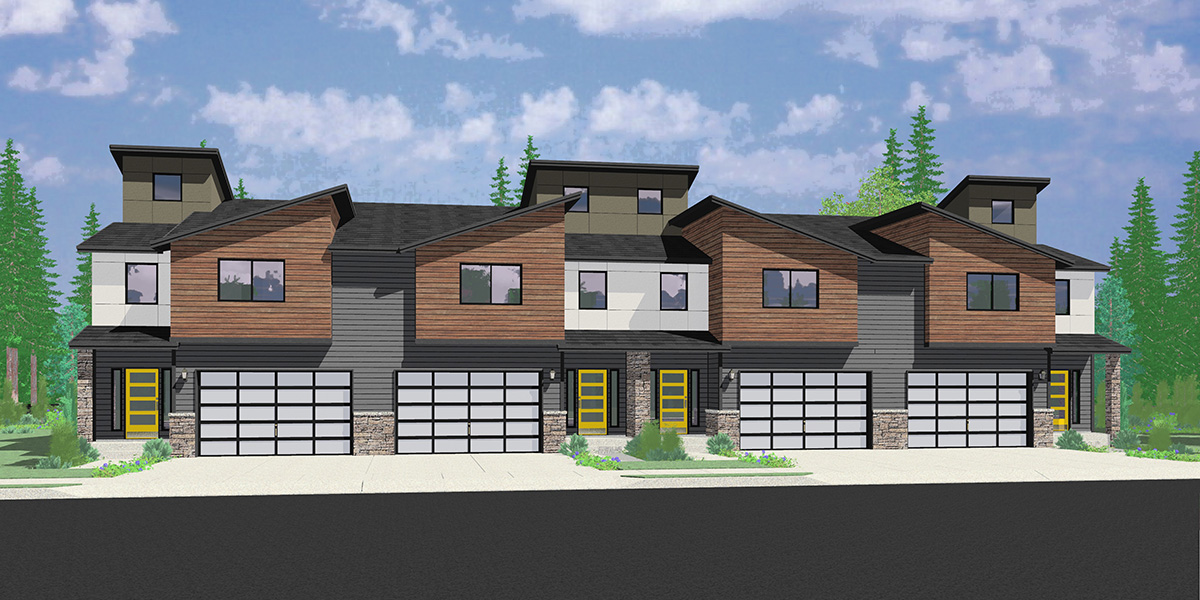 House front color elevation view for F-609 Modern 4 unit town house plan